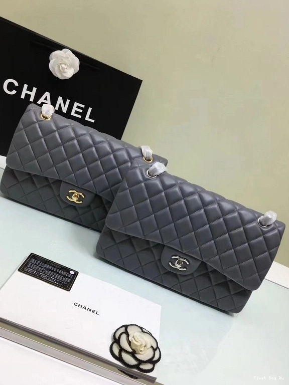 Firstbag Ru Size With CHANEL Lambskin Bag Leather Flap 1112 Silver Grey 30cm Hardware Large Gold 0806